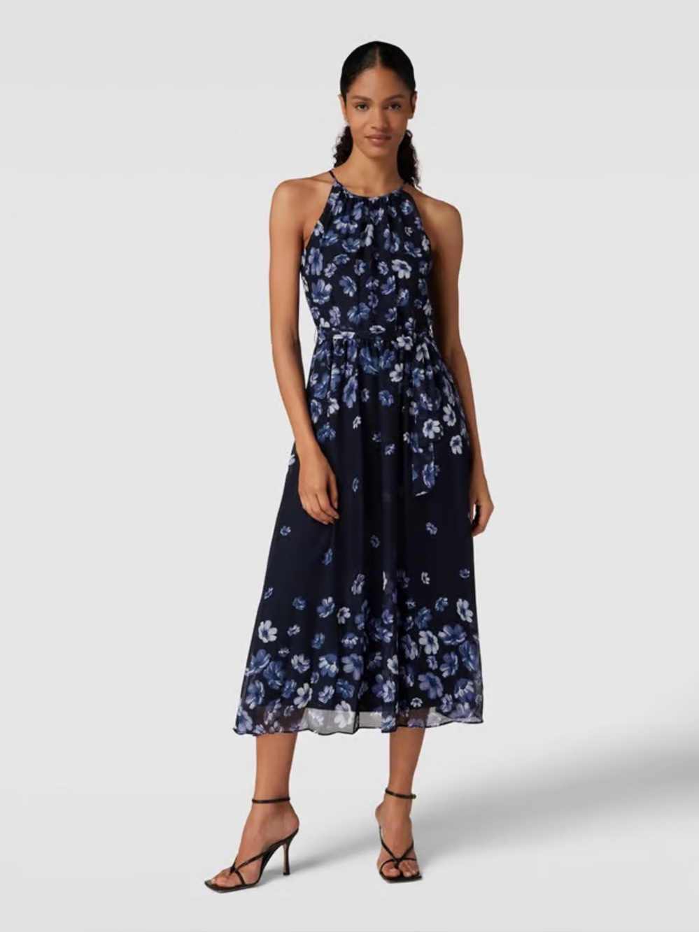 DKNY Navy Blue Floral Belted Midi Halter Dress Sz 12 Sleeveless Classic Flowy